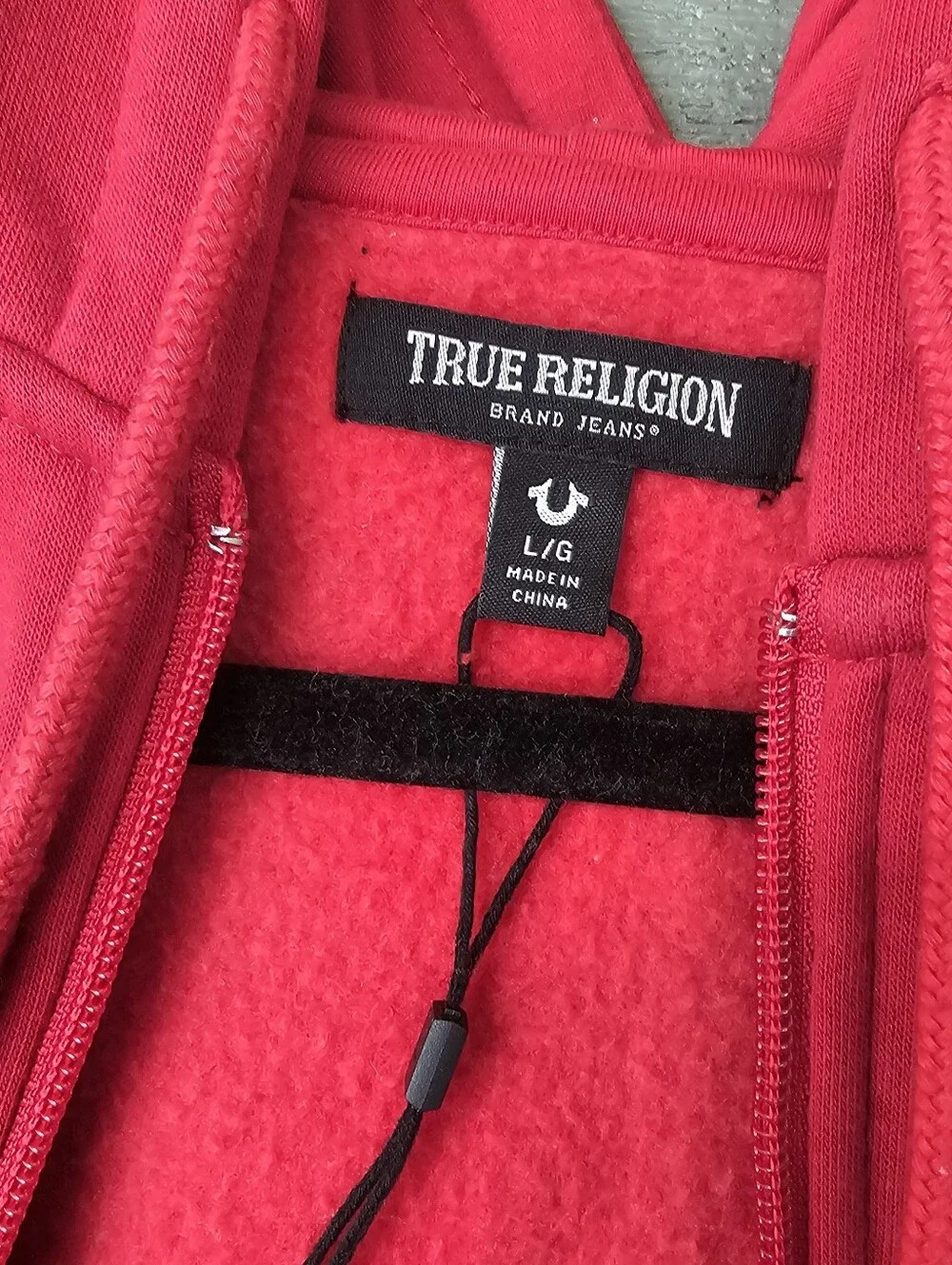True Religion Bright Red Full-Zip Hoodie with Logo Patch Men's Size Large